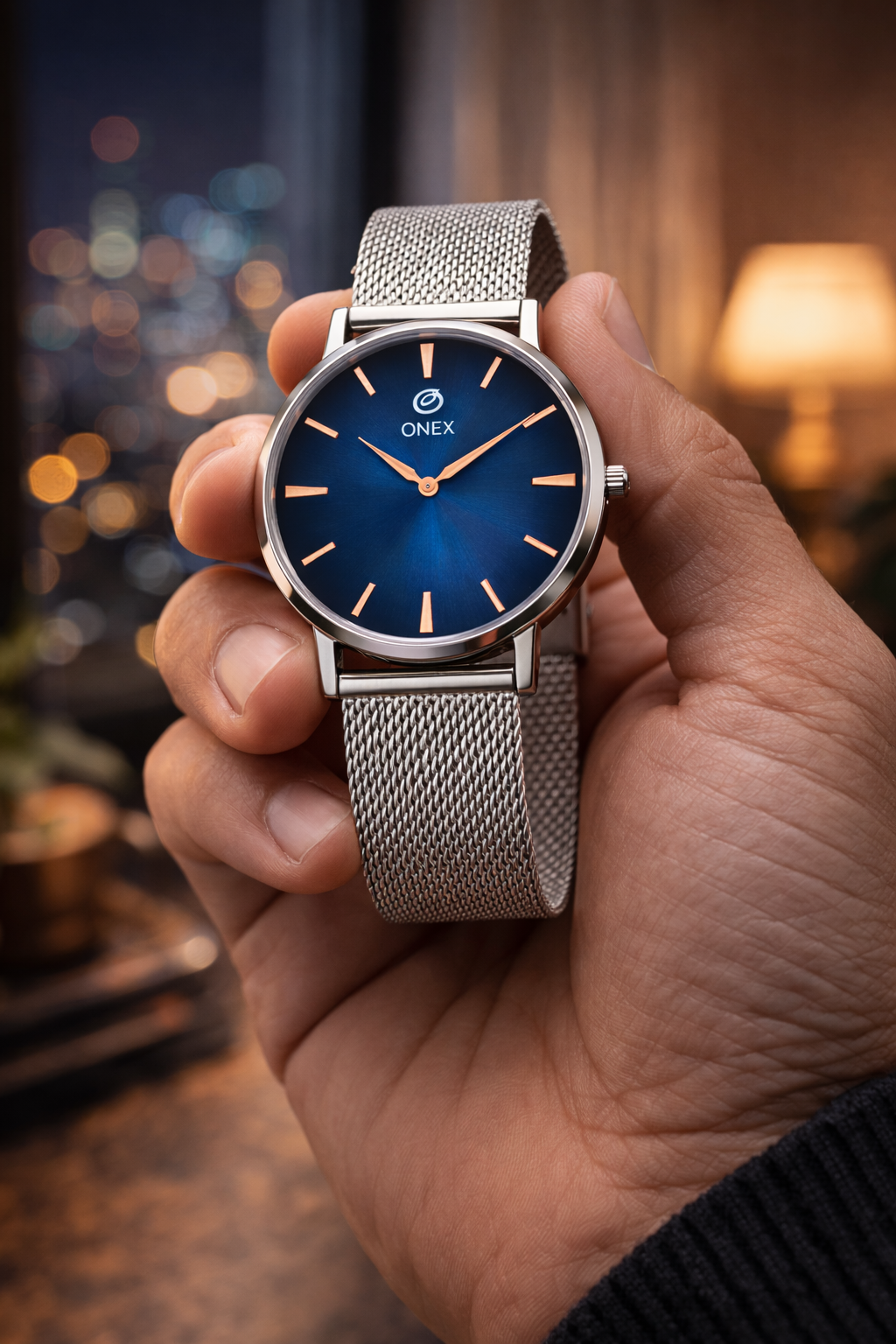 ONEX Men’s Analog Watch with Blue Sunray Dial & Silver Stainless Steel Mesh Strap | Minimal Classic Design