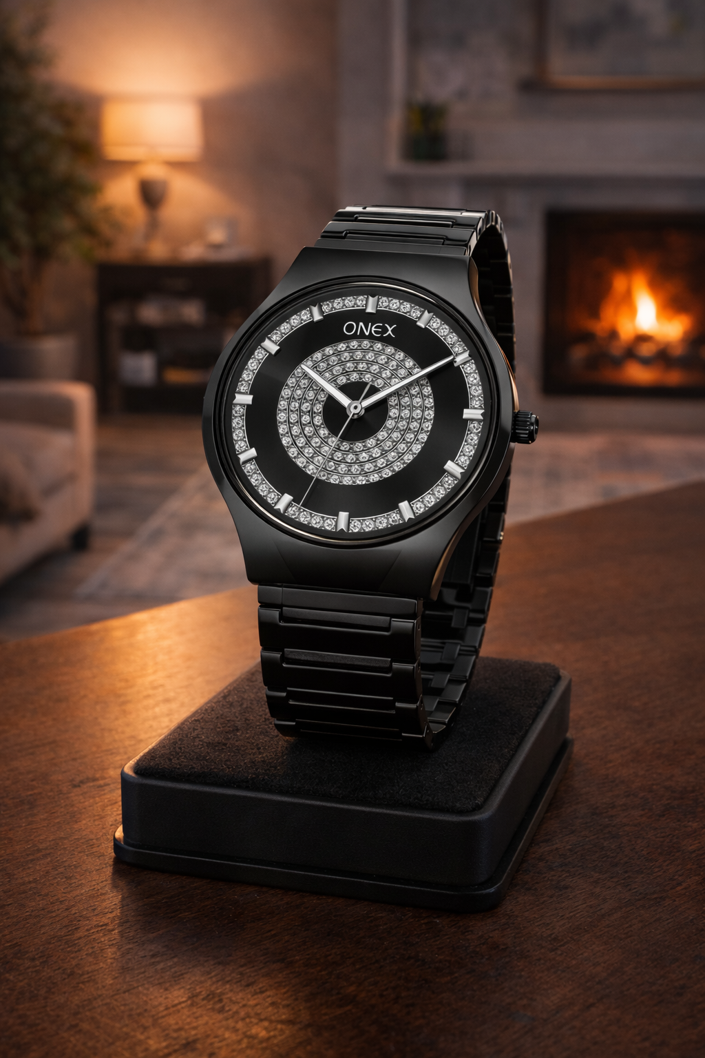 ONEX Luxury Black Dial Analog Watch with Crystal Studded Design & Black Stainless Steel Strap