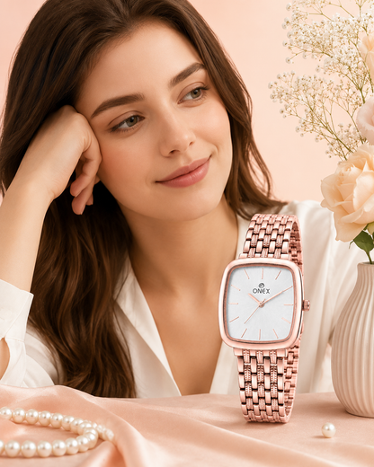ONEX Women's Analog Rose Gold Stainless Steel Bracelet Watch | Square Silver Dial | Elegant Casual & Party Wear Wrist Watch for Women