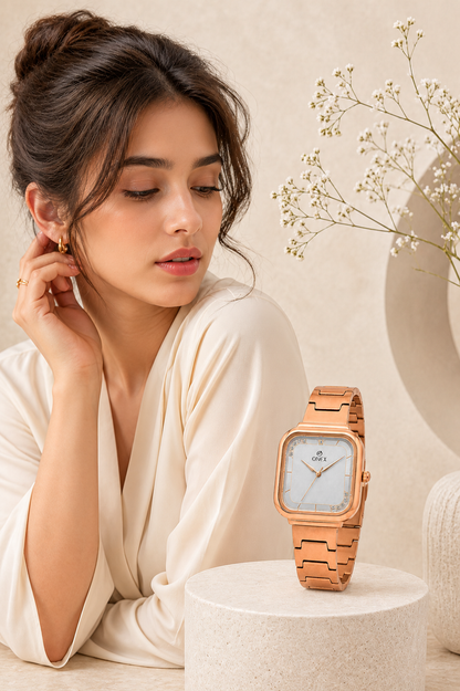 ONEX Rose Gold Square Dial Analog Watch for Women | Crystal Accent Dial | Metal Strap