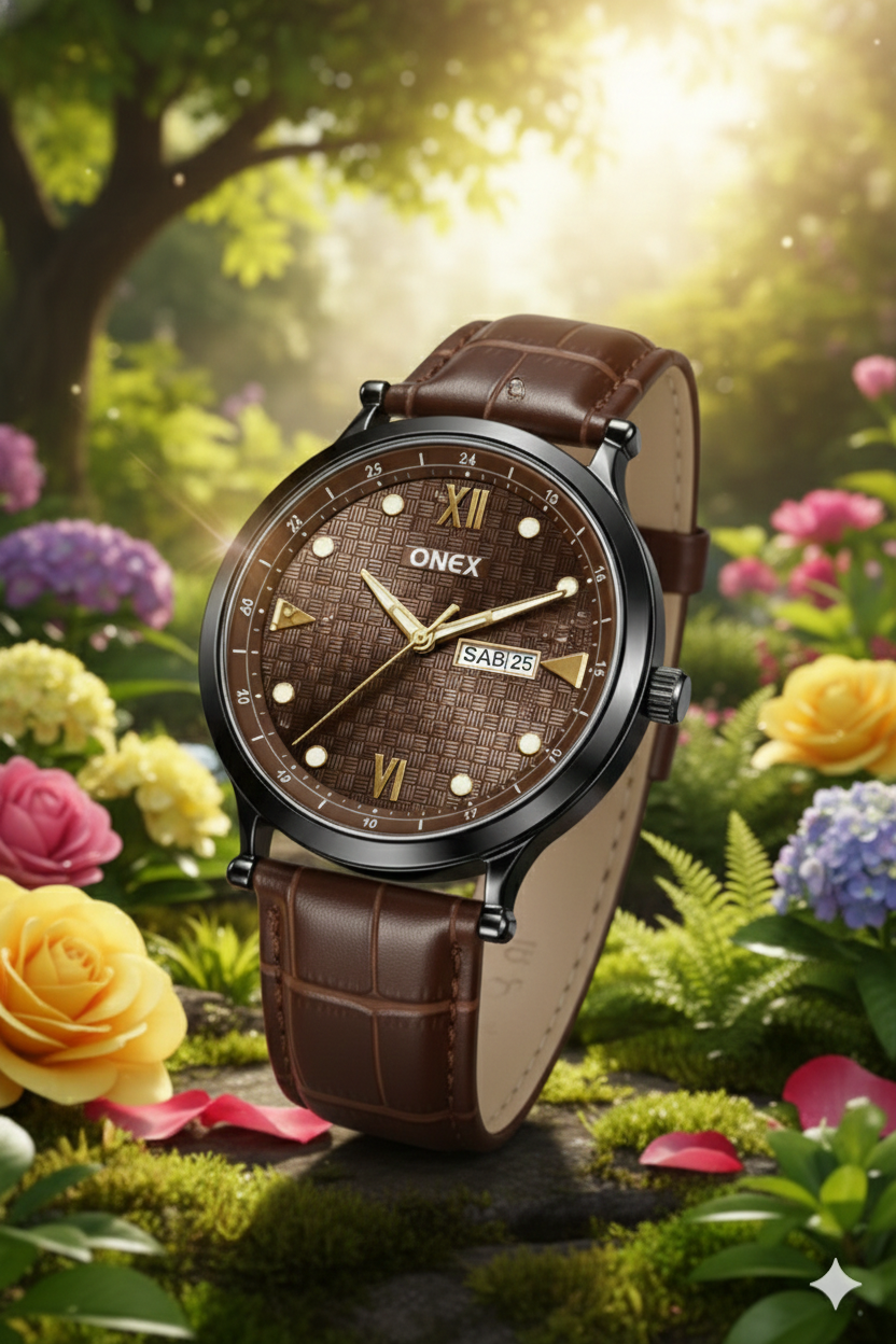 ONEX Men’s Analog Watch with Day & Date Display, Brown Textured Dial, Brown Leather Strap, Roman Index – Stylish Formal Wrist Watch for Men