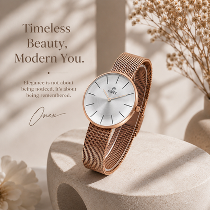 ONEX Women’s Rose Gold Analog Watch with Minimalist Dial & Mesh Metal Strap