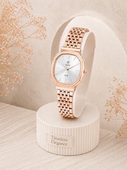 Onex Slim Rose Gold Stainless Steel Analog Watch for Women | Silver Sunray Dial | Elegant Bracelet Strap