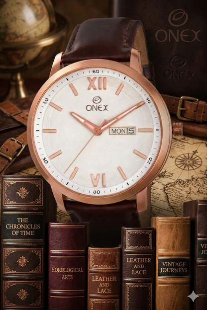 ONEX Men's Day & Date Analog Watch – Silver Dial, Rose Gold Case & Brown Leather Strap