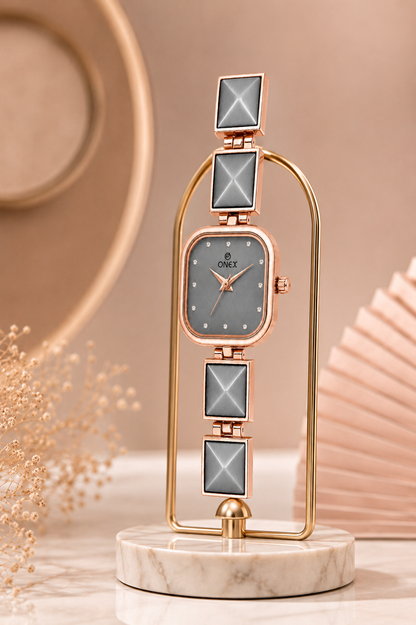 ONEX Women’s Rose Gold Square Dial Bracelet Watch with Crystal Studded Grey Dial