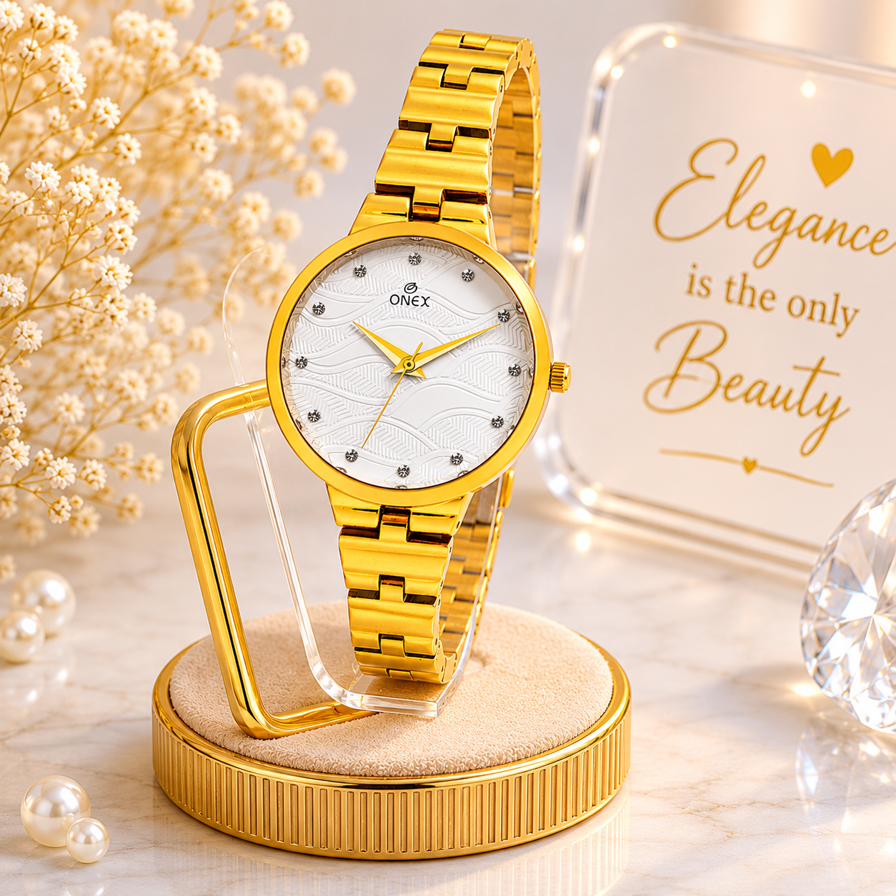 ONEX Stylish Gold Bracelet Watch for Women with Designer Textured Dial