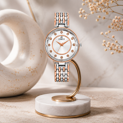 Onex Women’s Silver Analog Watch with Crystal Studded Dial & Dual Tone Bracelet Strap