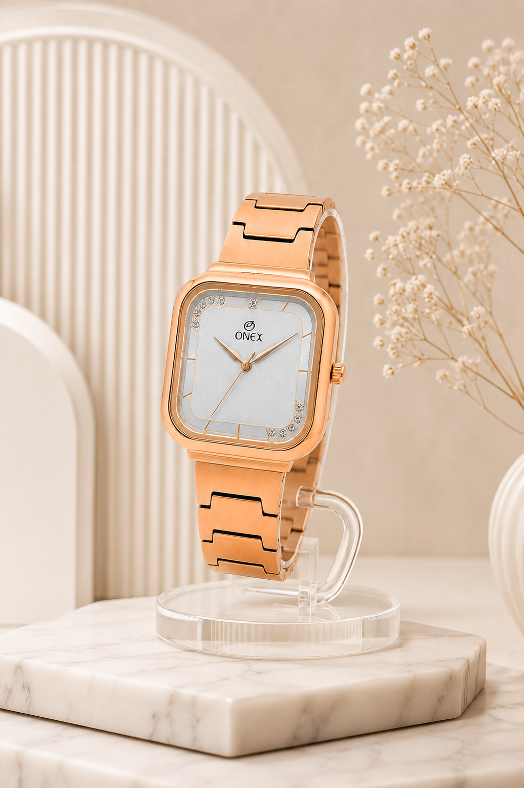 ONEX Rose Gold Square Dial Analog Watch for Women | Crystal Accent Dial | Metal Strap