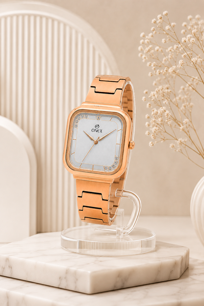 ONEX Rose Gold Square Dial Analog Watch for Women | Crystal Accent Dial | Metal Strap
