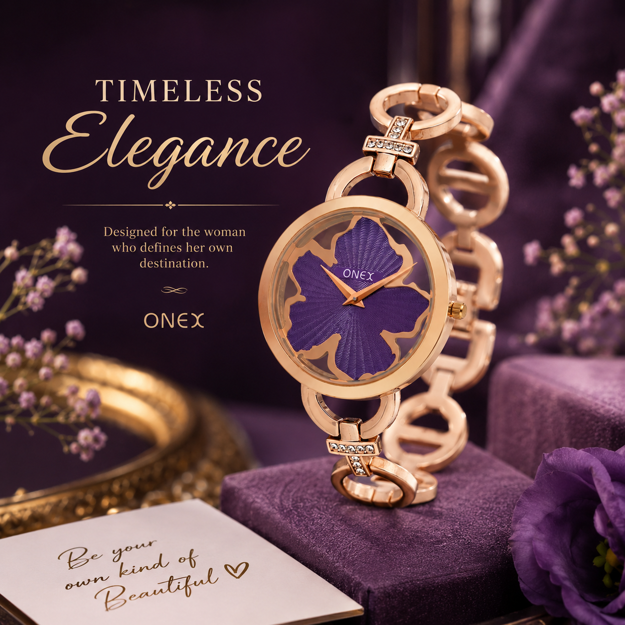ONEX Rose Gold Women’s Bracelet Watch with Purple Textured Dial & Crystal Accents