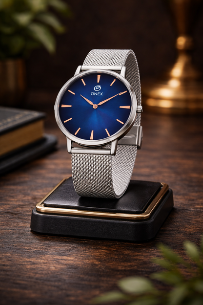 ONEX Men’s Analog Watch with Blue Sunray Dial & Silver Stainless Steel Mesh Strap | Minimal Classic Design
