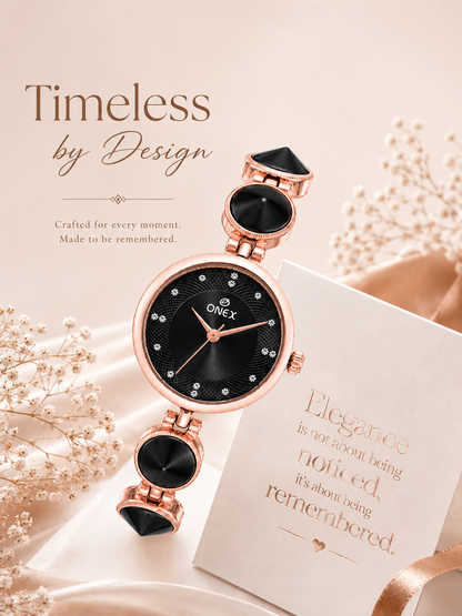 Onex Women’s Rose Gold Designer Bracelet Watch with Black Textured Dial