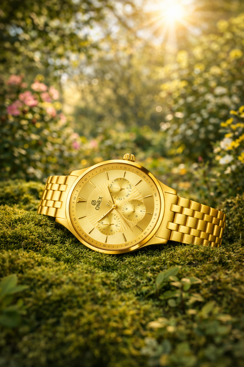 ONEX Men's Premium Multifunction Analog Watch for Men | Gold Sunray Dial | Gold Stainless Steel Bracelet | Quartz Movement | Stylish Casual & Formal Wrist Watch