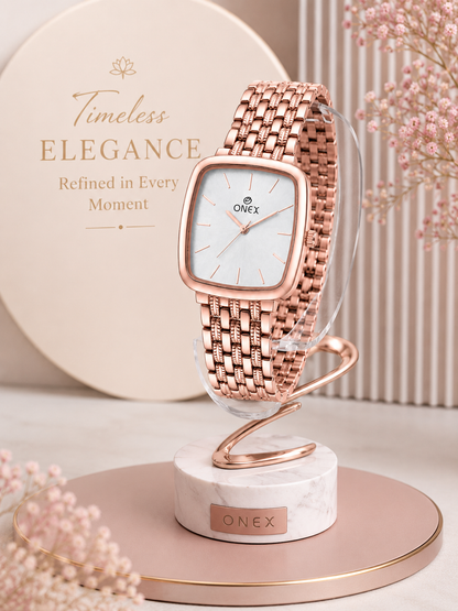 ONEX Women's Analog Rose Gold Stainless Steel Bracelet Watch | Square Silver Dial | Elegant Casual & Party Wear Wrist Watch for Women