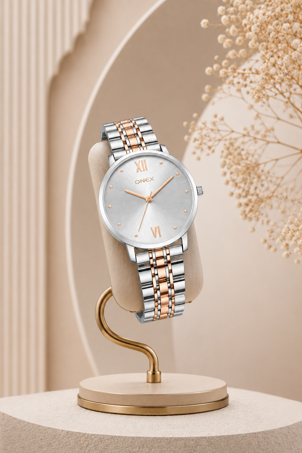 ONEX Women's Analog Wrist Watch for women | Two Tone Stainless Steel Bracelet Strap | Silver Sunray Dial | Premium Casual & Formal Watch