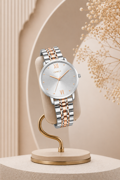 ONEX Women's Analog Wrist Watch for women | Two Tone Stainless Steel Bracelet Strap | Silver Sunray Dial | Premium Casual & Formal Watch