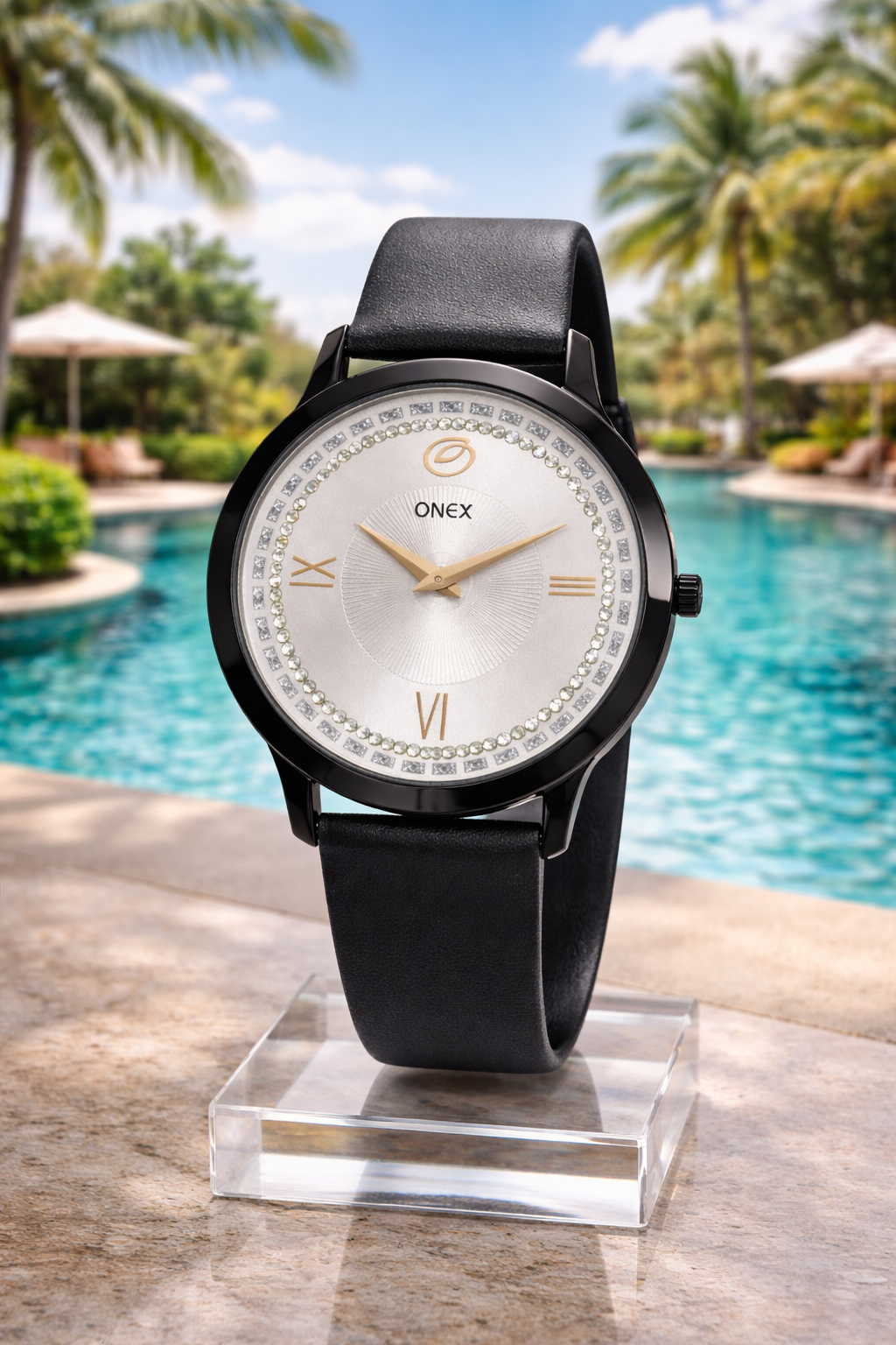 ONEX Men’s Analog Watch with Silver Dial, Crystal Studded Bezel & Black Leather Strap – Stylish Casual & Formal Wrist Watch for Men