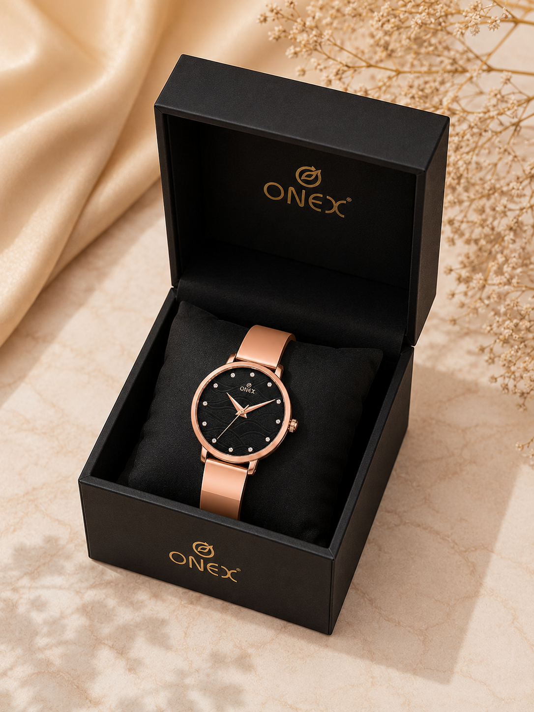ONEX Women's Rose Gold Stainless Steel Analog Watch | Textured Black Dial with Crystal Hour Markers | Elegant Bracelet Strap | Fashion Wrist Watch for Women