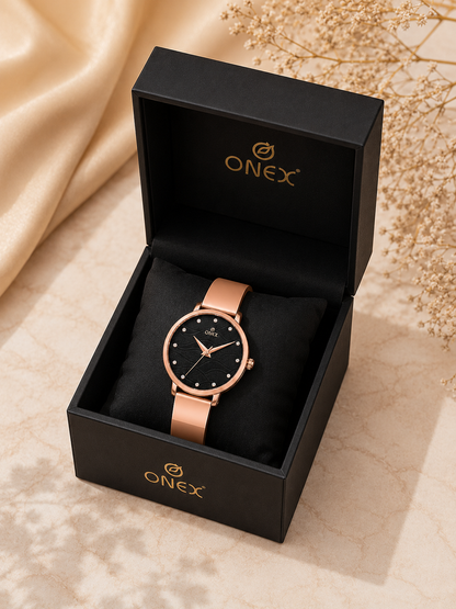 ONEX Women's Rose Gold Stainless Steel Analog Watch | Textured Black Dial with Crystal Hour Markers | Elegant Bracelet Strap | Fashion Wrist Watch for Women