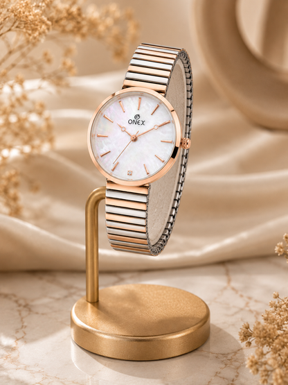Onex Women’s Rose Gold White Pearl Dial Slim Bracelet Watch