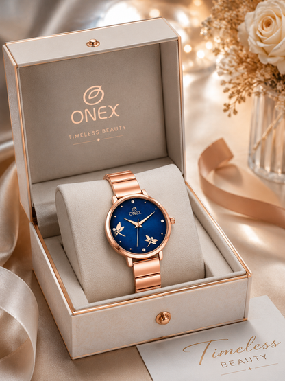 Onex Women’s Rose Gold Bracelet Watch with Crystal Markers & Dragonfly Dial