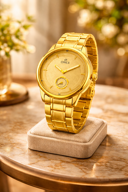 ONEX Men’s Analog Golden Dial Watch with Gold Tone Markers & Stainless Steel Golden Strap – Stylish Casual & Formal Watch