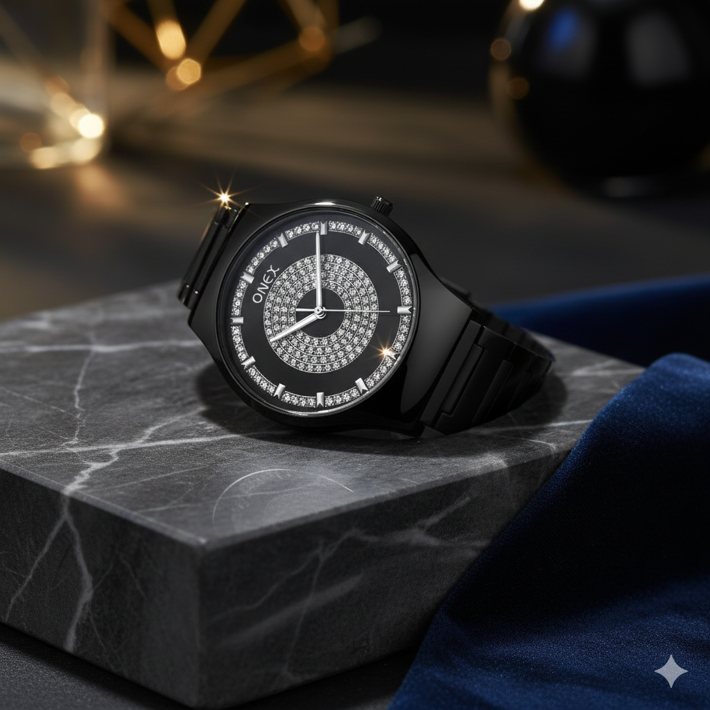 ONEX Luxury Black Dial Analog Watch with Crystal Studded Design & Black Stainless Steel Strap