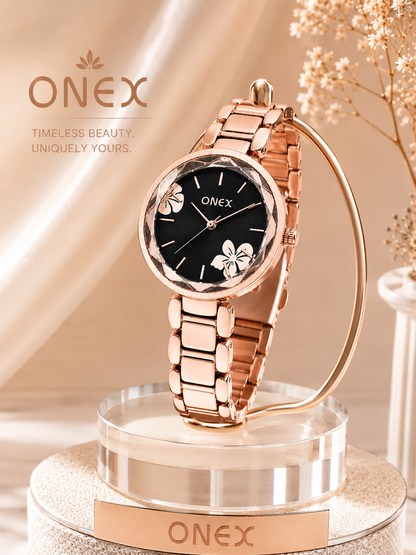 ONEX Women's Rose Gold Analog Watch | Floral Sunray Black Dial | Premium Bracelet Strap | Quartz Movement | Elegant Dress Watch