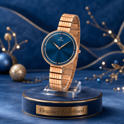 ONEX Elegant Rose Gold Women’s Watch | Blue Sunray Dial with Crystal Ring