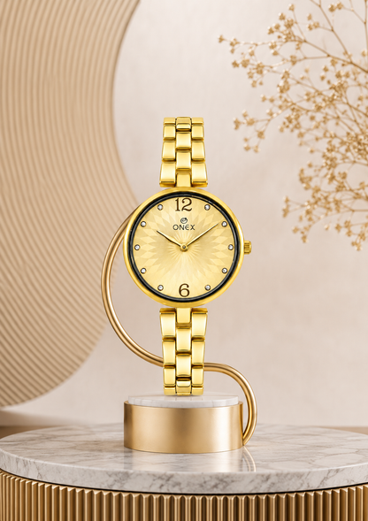 ONEX Women’s Gold-Tone Designer Bracelet Watch with Crystal Studded Dial