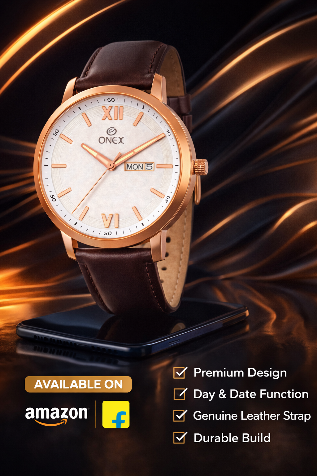 ONEX Men's Day & Date Analog Watch – Silver Dial, Rose Gold Case & Brown Leather Strap