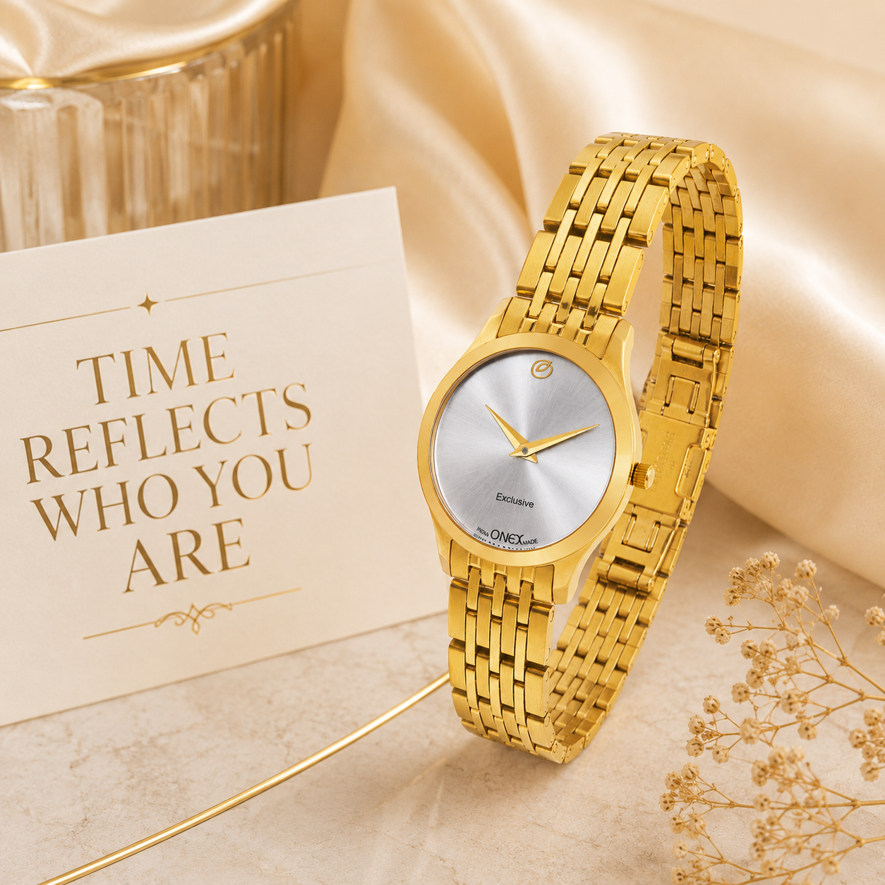 Exclusive India OneX Gold Analog Watch for Women | Premium Gold Finish Stainless Steel Strap
