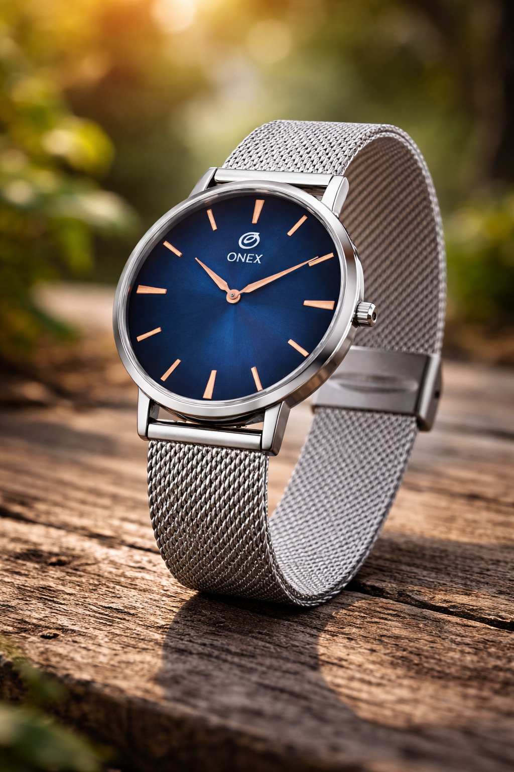 ONEX Men’s Analog Watch with Blue Sunray Dial & Silver Stainless Steel Mesh Strap | Minimal Classic Design
