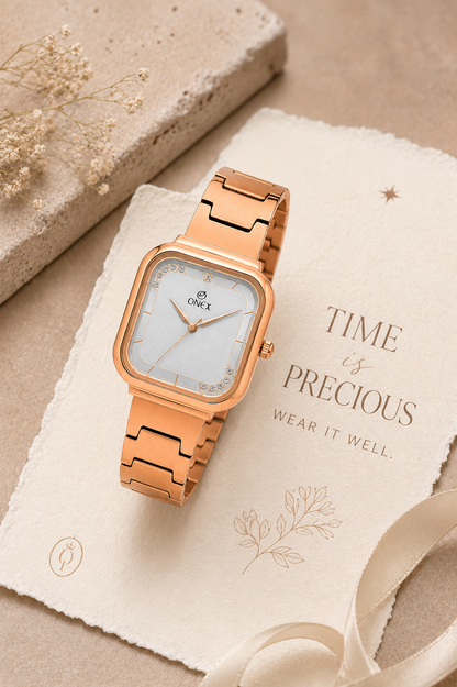 ONEX Rose Gold Square Dial Analog Watch for Women | Crystal Accent Dial | Metal Strap