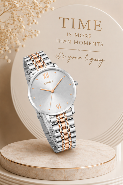 ONEX Women's Analog Wrist Watch for women | Two Tone Stainless Steel Bracelet Strap | Silver Sunray Dial | Premium Casual & Formal Watch