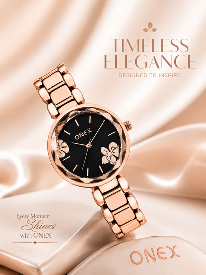 ONEX Women's Rose Gold Analog Watch | Floral Sunray Black Dial | Premium Bracelet Strap | Quartz Movement | Elegant Dress Watch