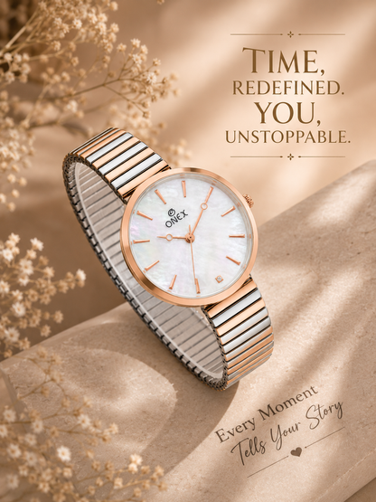 Onex Women’s Rose Gold White Pearl Dial Slim Bracelet Watch