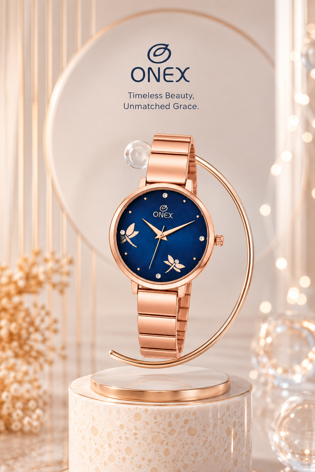 Onex Women’s Rose Gold Bracelet Watch with Crystal Markers & Dragonfly Dial