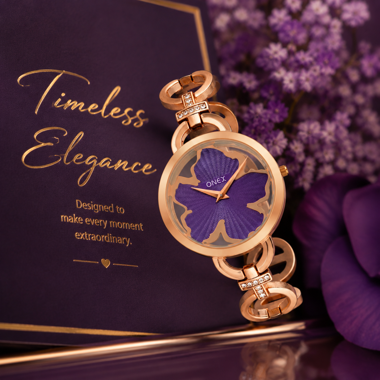 ONEX Rose Gold Women’s Bracelet Watch with Purple Textured Dial & Crystal Accents