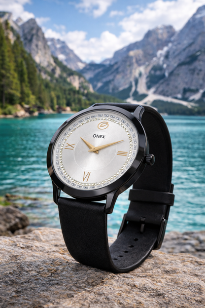 ONEX Men’s Analog Watch with Silver Dial, Crystal Studded Bezel & Black Leather Strap – Stylish Casual & Formal Wrist Watch for Men
