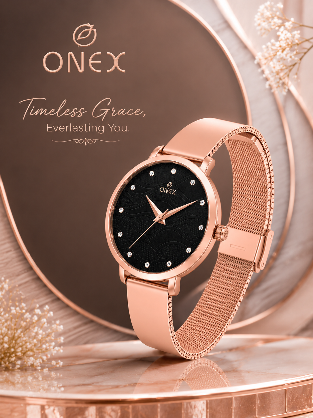 ONEX Women's Rose Gold Stainless Steel Analog Watch | Textured Black Dial with Crystal Hour Markers | Elegant Bracelet Strap | Fashion Wrist Watch for Women