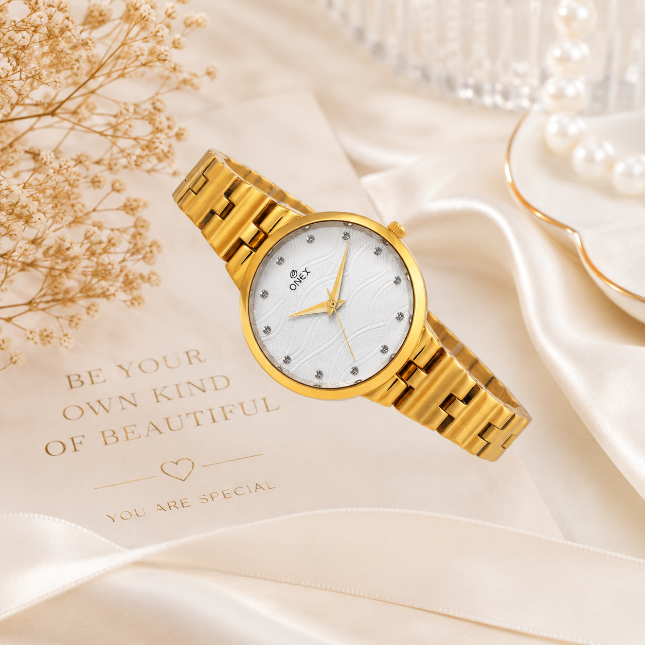 ONEX Stylish Gold Bracelet Watch for Women with Designer Textured Dial