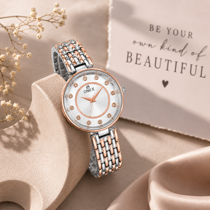 Onex Women’s Silver Analog Watch with Crystal Studded Dial & Dual Tone Bracelet Strap