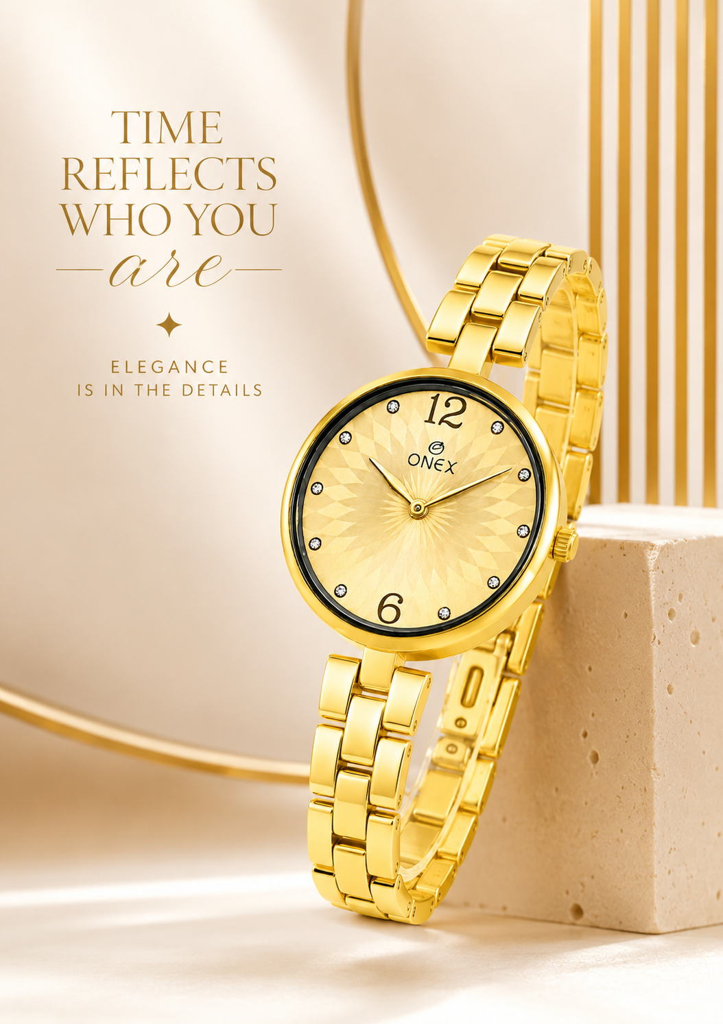 ONEX Women’s Gold-Tone Designer Bracelet Watch with Crystal Studded Dial