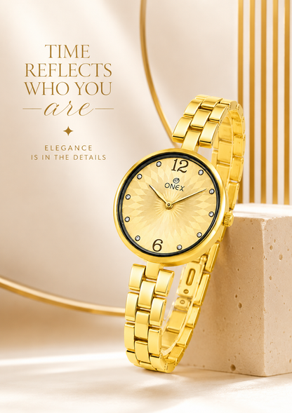 ONEX Women’s Gold-Tone Designer Bracelet Watch with Crystal Studded Dial