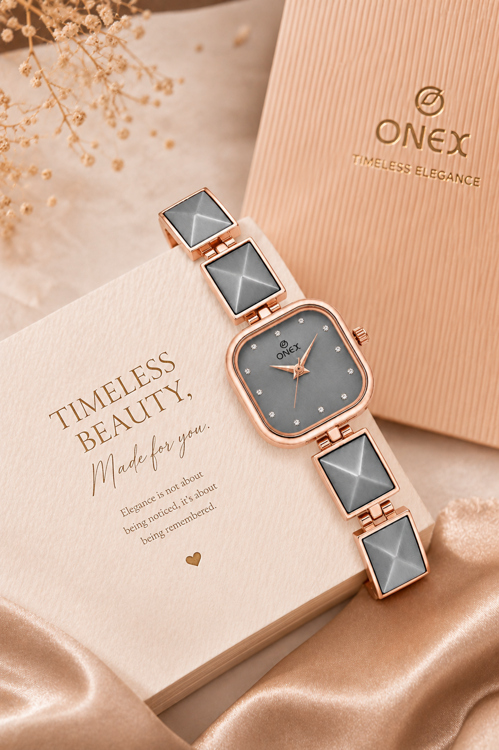 ONEX Women’s Rose Gold Square Dial Bracelet Watch with Crystal Studded Grey Dial
