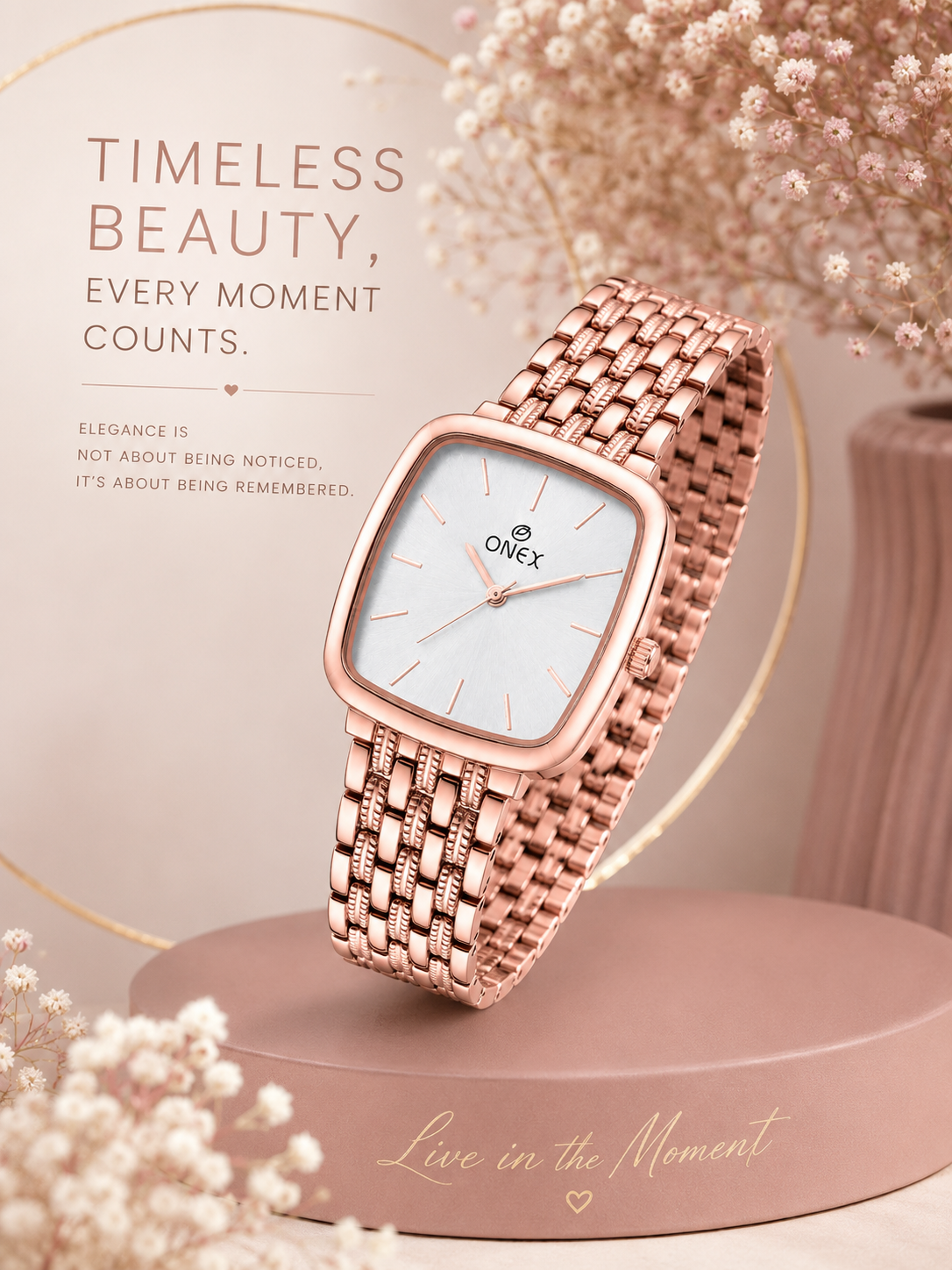 ONEX Women's Analog Rose Gold Stainless Steel Bracelet Watch | Square Silver Dial | Elegant Casual & Party Wear Wrist Watch for Women