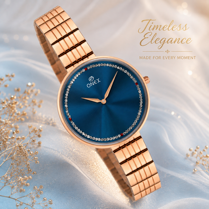 ONEX Elegant Rose Gold Women’s Watch | Blue Sunray Dial with Crystal Ring