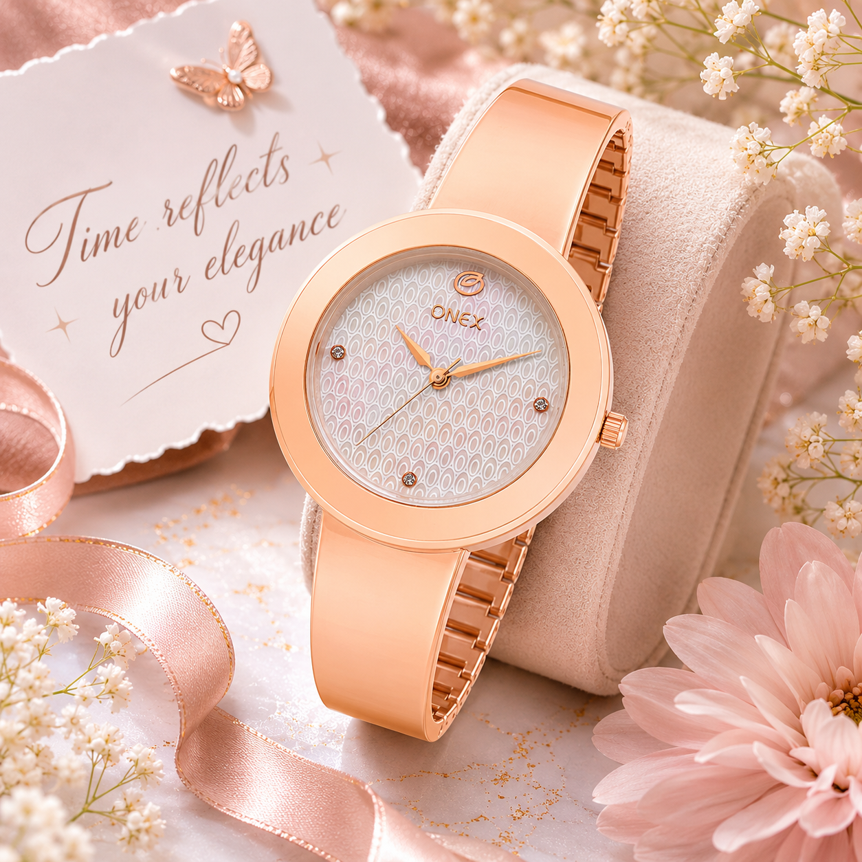 OneX Premium Rose Gold Analog Watch | Crystal-Studded Dial & Metal Bracelet