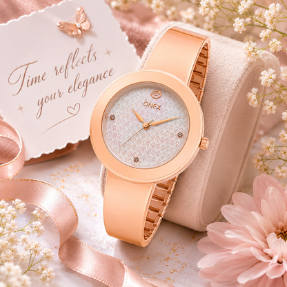 OneX Premium Rose Gold Analog Watch | Crystal-Studded Dial & Metal Bracelet